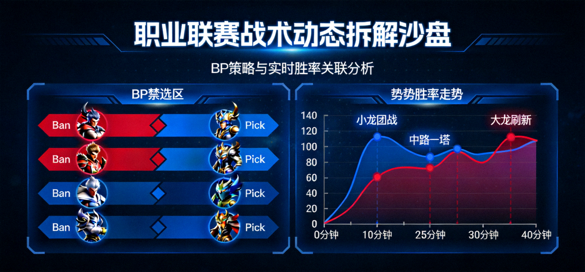 职业联赛战术动态拆解沙盘，展示BP禁选与局势胜率走势